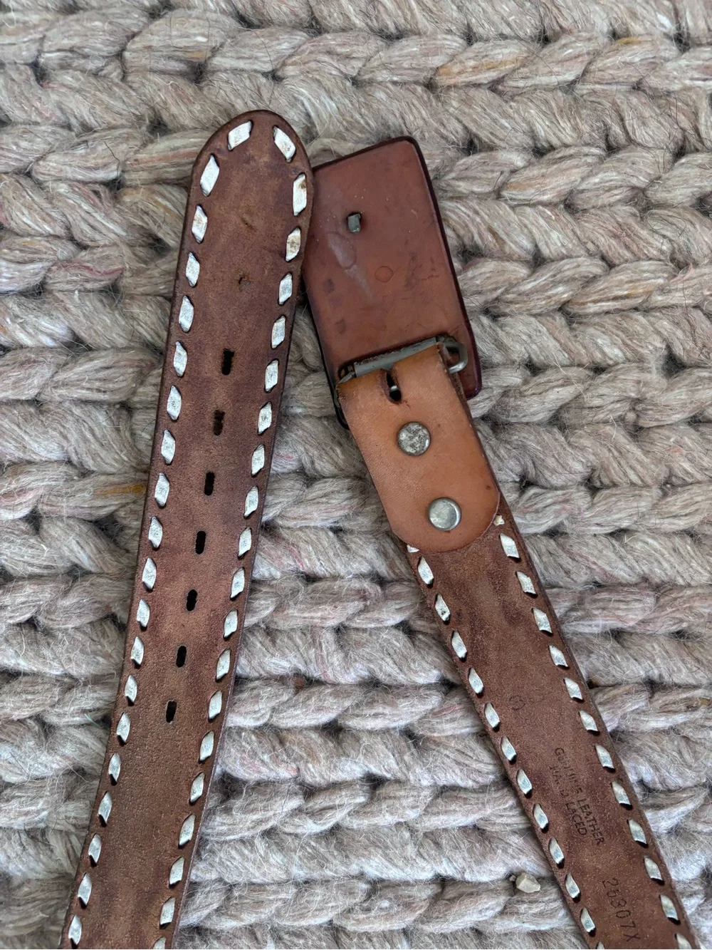 Vintage Genuine Leather Southwestern Tooled Belt Turquoise Hand Laced